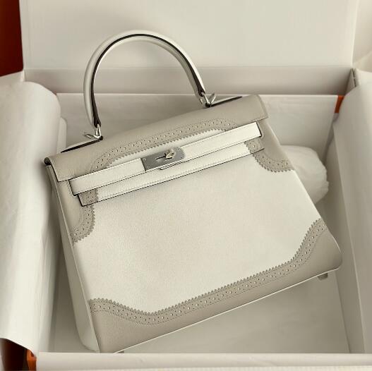 【エルメス HERMES】ケリーギリーズ28 ワイト/パールグレー スイフト シルバー金具(100%手縫い)